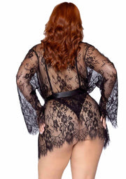 wholesale adulttoys lingerie Floral Lace Teddy with Adjustable Straps and Cheeky Thong Back, Matching Lace Robe with Scalloped Trim and Satin Tie