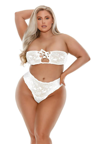 wholesale adulttoys lingerie Lace-Up Bra and Thong Panty (2 piece set) – Plus Size – White