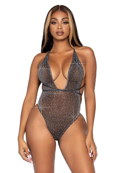 wholesale adulttoys lingerie Shimmer Sheer Lurex Rhinestone Bodysuit With Thong Back And Convertible Wrap-Around Straps