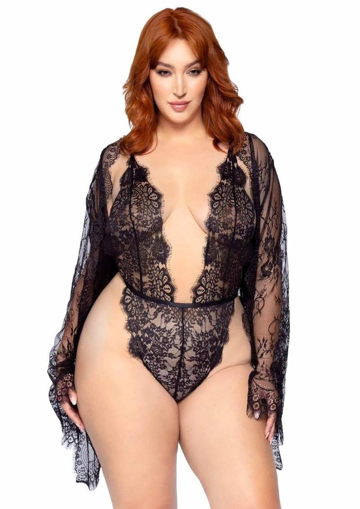 wholesale adulttoys lingerie XLarge Floral Lace Teddy with Adjustable Straps and Cheeky Thong Back, Matching Lace Robe with Scalloped Trim and Satin Tie